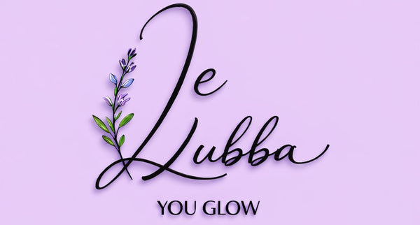 Decorative text 'Le Lubba YOU GLOW' with floral elements on a purple background